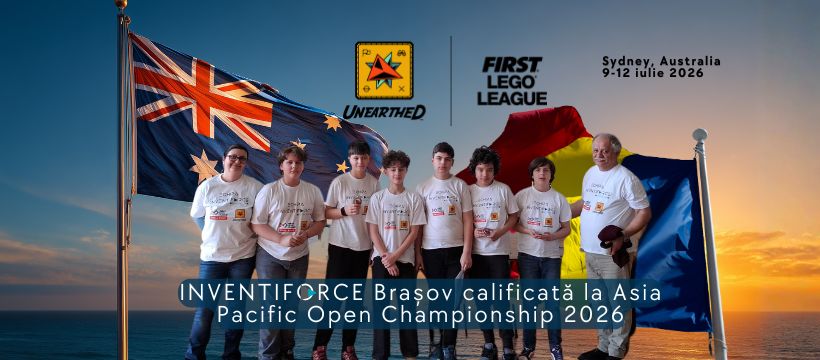 Echipa INVENTIFORCE la etapa națională FIRST LEGO League 2026, cu steagurile României și Australiei în fundal